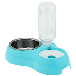 Пэт тойс (Pet toys) Миска для кормления животных пластмассовая 0,18/0,45л 27,5х18см h22,5см, двойная, с автопоилкой 0,5л, миска-вставка из нержавеющей стали 0,4л д12,8см h4,7см, прорезиненные ножки, цвета в ассортименте: розовый, салатовый, бирюзов  фото 3