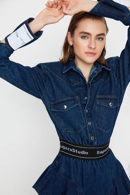 Trendyolmilla Mavi A-Kesim Gomlek Yaka Denim K?sa Elbise TPRAW22EL1989