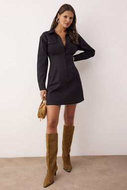 Lacivert Dikis Detayl? K?sa / Mini Dokuma Gomlek Elbise TWOAW26EL00178