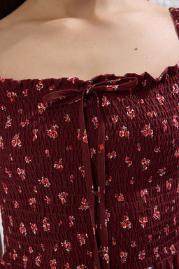 TRENDYOLMILLA Bordo Cicekli Etegi Belden Ac?lan Gipeli Mini Dokuma Elbise TWOSS25EL00400  фото 3