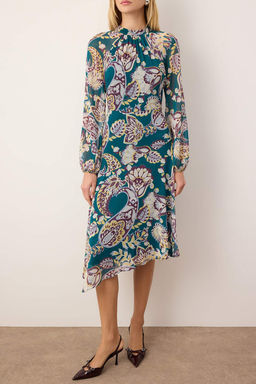 Yesil-Cok Renkli Midi Sifon Astarl? Dokuma Elbise TWOAW26EL00284