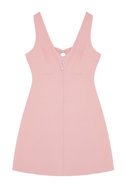 Pudra A Kesim Dugme ve S?rt? Fiyonk Detayl? Mini Dokuma Elbise TWOSS24EL00987 - Trendyolmilla фото 6