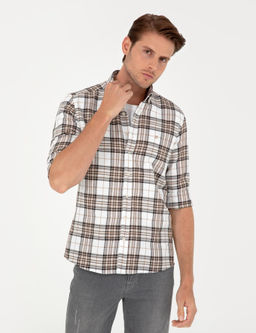 Kahverengi Ekose Slim Fit Uzun Kollu G_mlek