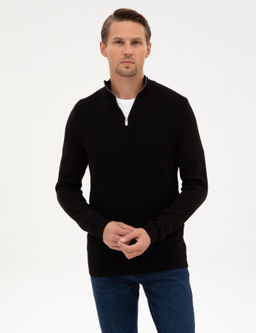 Siyah Slim Fit Dik Yaka Fermuarl_ Triko Kazak