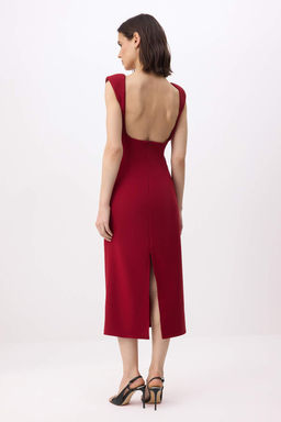 Bordo S?rt Detayl? Midi Esnek Dokuma Elbise TWOSS26EL00136