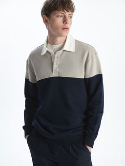 Polo Yaka Uzun Kollu Renk Bloklu Erkek Sweatshirt