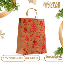Цена за 3 шт. Пакет подарочный новогодний, крафт с тиснением, круглая ручка, Ёлочки 21?27?11 см, 120 г