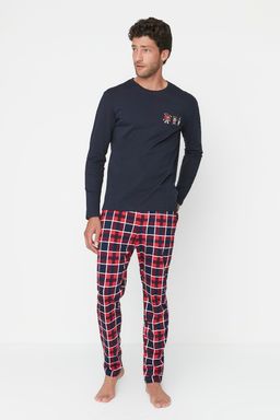 Trendyolmilla Man Lacivert Erkek Regular Fit Alt Ekose Orme Aile Kombini %100 Pamuk Pijama Tak?m? THMAW22PT0431  фото 2