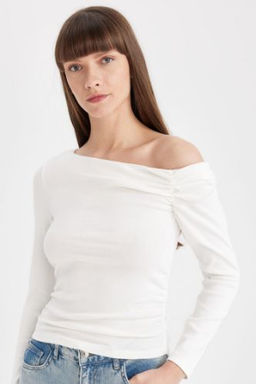 Slim Fit Dar Kesim Tek Omuzlu Ribana Basic Duz Uzun Kollu Tisort