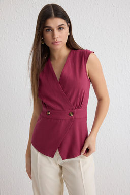 Koyu Magenta Dokuma Kemik Dugme Detayl? Kruvaze Dokuma Bluz TWOSS20BZ0707