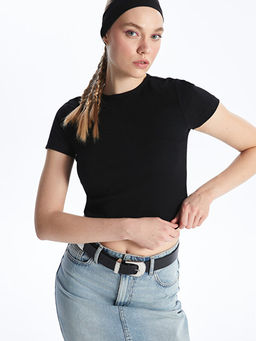 Bisiklet Yaka D?z K?sa Kollu Kad?n Crop