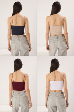 Antrasit-Beyaz-Bordo-Bej 4lu Paket Ask?l? Crop Vucuda Oturan Esnek Orme Atlet TWOSS25AL00051