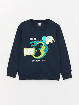 Bisiklet Yaka Bask?l? ?ift Y?nl? Payetli Uzun Kollu Erkek ?ocuk Sweatshirt - Waikiki фото 3