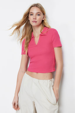 Fusya Fitted/Vucuda Oturan Crop Polo Yaka Fitilli Esnek Orme Bluz TWOSS21BZ0038