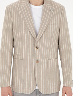 A__k Kahverengi Slim Fit Keten _izgili Ceket