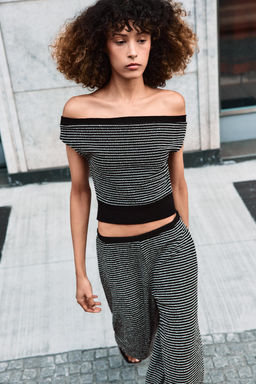 PANTAL?N BOUCL? RAYAS / Negro / Crudo - Zara фото 3