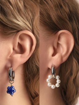 Серьги со съёмным элементом Трансформер цветок, цвет бело-синий в серебре