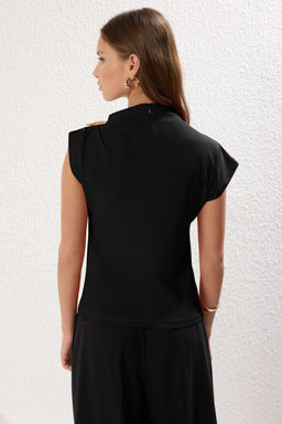 Siyah Fitted/Vucuda Oturan Aksesuar Detayl? Drapeli Esnek Orme Bluz TWOSS25BZ00044