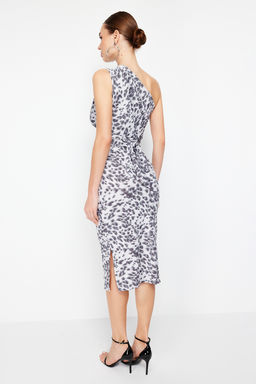 Gri Leopar Vucuda Oturan Tek Omuz Asimetrik Buzgu Detayl? Orme Midi Kalem Elbise TWOSS23EL02182