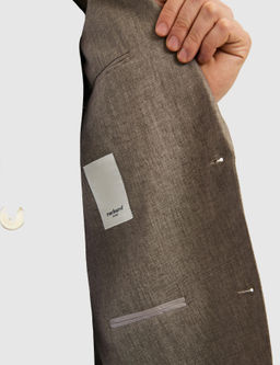 Kahverengi Slim Fit %100 Keten Mikro Desen Mono Yaka Ceket