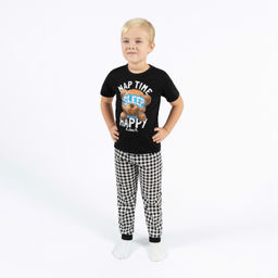 Пижама детская черная клетка принт мишка