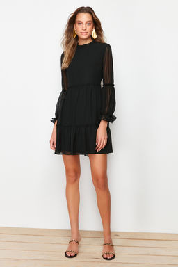 Trendyolmilla Mavi Duz Belden Ac?lan Dik Yaka Buzgulu Mini Astarl? Dokuma K?sl?k Elbise TWOAW20EL0345  фото 2