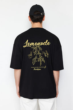 Siyah Oversize/Geni_ Kesim S_rt Limon Bask_l_ %100 Pamuk T-Shirt TMNSS23TS00089