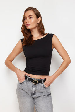 Siyah S?rt Dekolteli Fitted Regular Boy Pamuklu Esnek Orme Bluz TWOSS24BZ00031