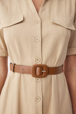 Trendyolmilla Haki Kemerli Keten Kar?s?ml? Cep Detayl? Midi Dokuma Gomlek Elbise TWOSS25EL00704  фото 10