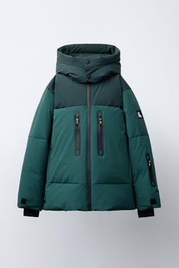 DOWN AND FEATHER PUFFER JACKET WITH REMOVABLE HOODIE, WATER-RESISTANT AND WINDPROOF COLOUR BLOCK RECCO® SYSTEM SKI COLLECTION
