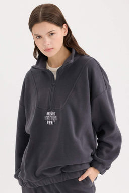Oversize Genis Kal?p Fermuarl? Dik Yaka Nak?sl? Polar Sweatshirt - Defacto фото 3