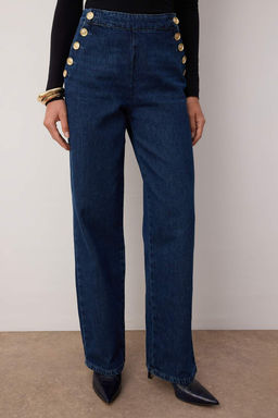 Koyu Mavi Dugme Detayl? Yuksek Bel Wide Leg Jeans TWOAW26JE00039 - Trendyolmilla фото 3