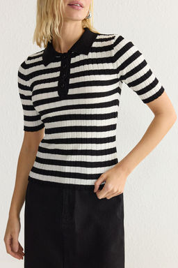 Siyah*001 Basic Polo Yaka T-Shirt Gorunumlu Ince Bluz TWOSS20BZ0112