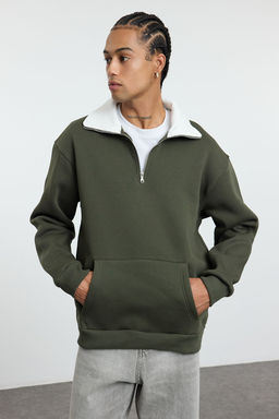 Haki Oversize/Genis Kesim Dik Yaka Fermuarl? Ici Polarl?/S?cak Tutan Sweatshirt TMNAW25SW00081