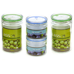 Банка для сыпучих продуктов стеклянная набор 4 штуки: 0,32л д8,5х7,3см - 2 штуки, 0,72л д8,5х15,3см - 2 штуки, пластмассовая крышка, подарочная коробка (Китай) (д/горла 7,2см д/основания 8,5см)