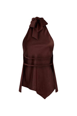 Kahverengi Asimetrik Kesim Halter Yaka Saten Bluz TPRSS26BZ00019