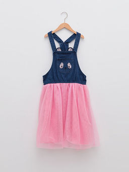 Kare Yaka Nak?? Detayl? Ask?l? K?z ?ocuk Elbise