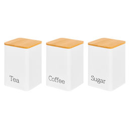 Набор банок д/сыпучих продуктов 3 пр. 1,1 л 9,5*9,5*14,5 см "Tea, coffee, sugar" белый с бамб.крышк