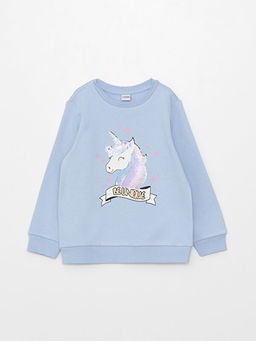 Bisiklet Yaka Bask?l? Uzun Kollu K?z ?ocuk Sweatshirt