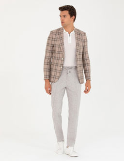 Kahverengi Slim Fit Keten Kar___ml_ Ceket