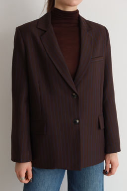 Kahverengi Koyu Mavi Cizgili Oversize Blazer Ceket TWOAW26BC00025
