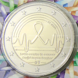 Монета 2 евро 2024 года Бельгия Борьба с раком в Бельгии(текст на лицевой стороне блистера немецком и французском)