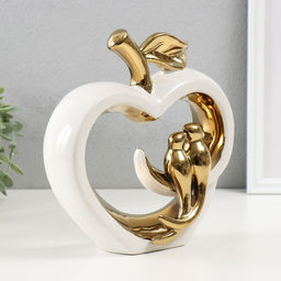 Сувенир керамика "Две птички на яблоке" белый с золотом 7х22х22,5 см