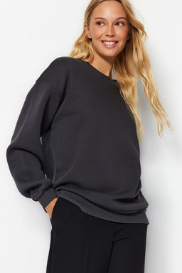 Antrasit Oversize/Rahat Kesim Basic Bisiklet Yaka Kal?n/Ici polarl? Orme Sweatshirt TWOAW24SW00102