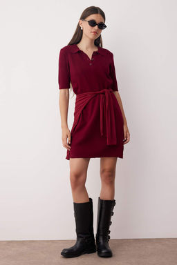 Bordo Renk Bloklu K?sa / Mini Polo Yaka Triko Elbise TWOAW26EL00105
