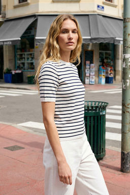 Ekru Cizgili Basic Viskon Kar?s?ml? Triko Ince Bluz TWOSS25BZ00488