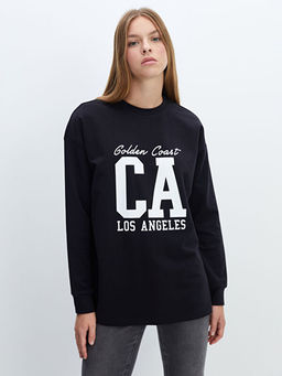 Bisiklet Yaka Bask?l? Oversize Kad?n Sweatshirt Tunik
