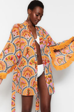Cicek Desenli Mini Dokuma %100 Pamuklu Plaj Kimono&Kaftan TBESS23KM00004 - Trendyolmilla фото 2