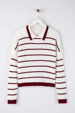 Beyaz Polo Yaka Cizgili Triko Kazak TWOAW26KZ00268 - Trendyolmilla фото 5