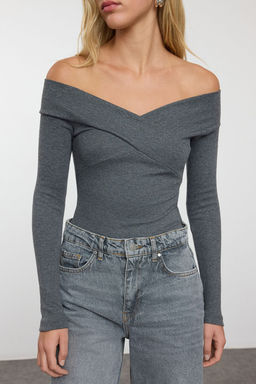 Koyu Gri Carmen Yaka Fitilli Alttan C?tc?tl? Esnek Orme Body TWOAW21BD0053